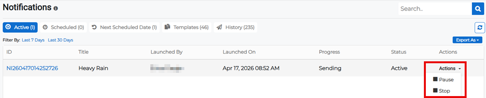 Active Notifications tab showing Actions menu with pause option.