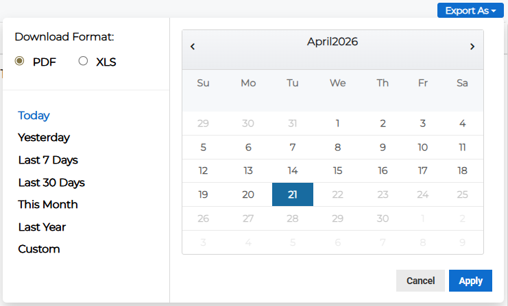 Export dialog showing download format and date range options for active notifications.