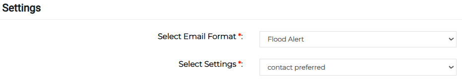 Settings section showing email format and notification settings.