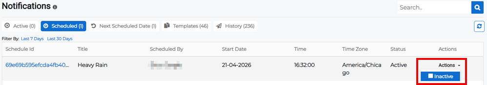 Scheduled Notifications tab showing Actions menu with inactive option.