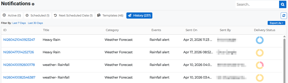 History tab on the Notifications page showing list of sent notifications.