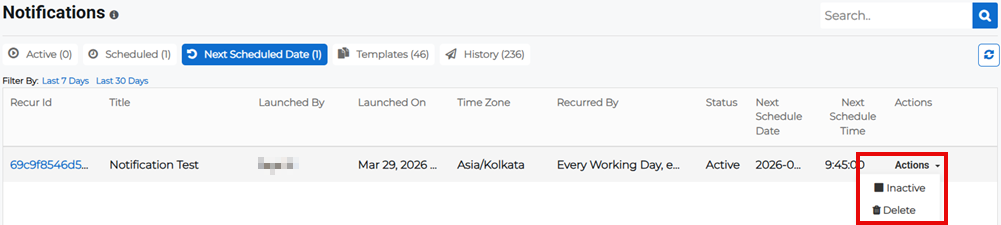 Next Scheduled Date tab showing Actions menu with inactive option.