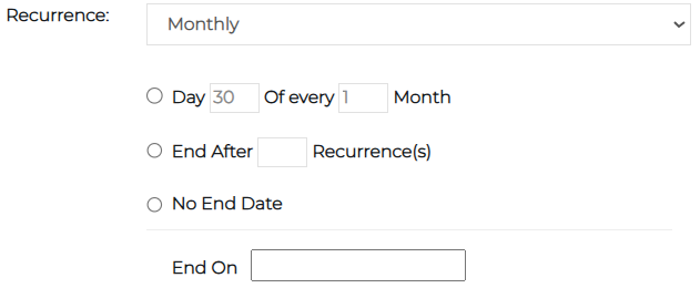 Recurrence section showing monthly scheduling options.