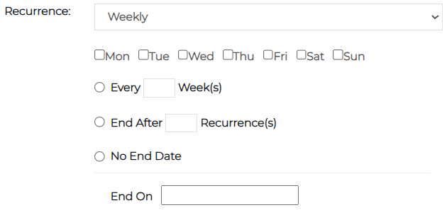 Recurrence section showing weekly scheduling options.