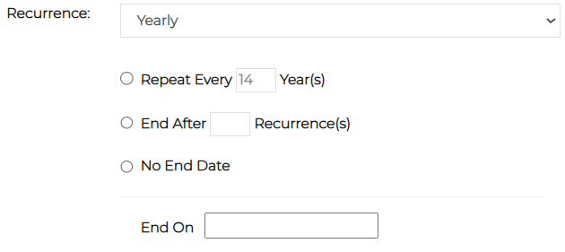 Recurrence section showing yearly scheduling options.