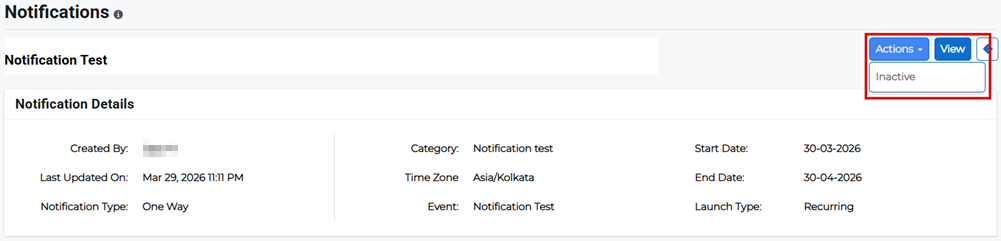 Notification Details page showing inactive option for recurring notification.