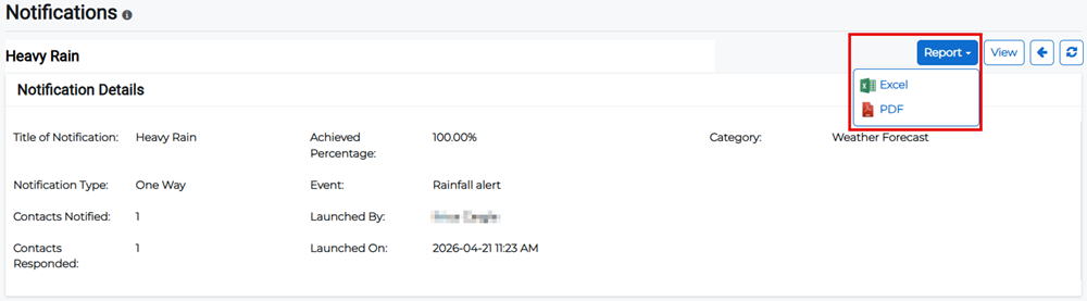 Notification Details page showing export options for report (Excel/PDF).