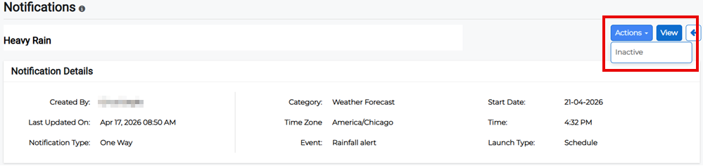 Notification Details page showing Actions menu with inactive option.