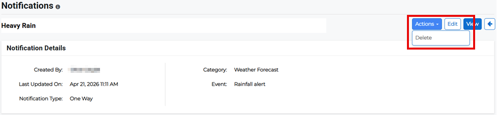 Notification Details page showing Actions menu with delete option for a template.