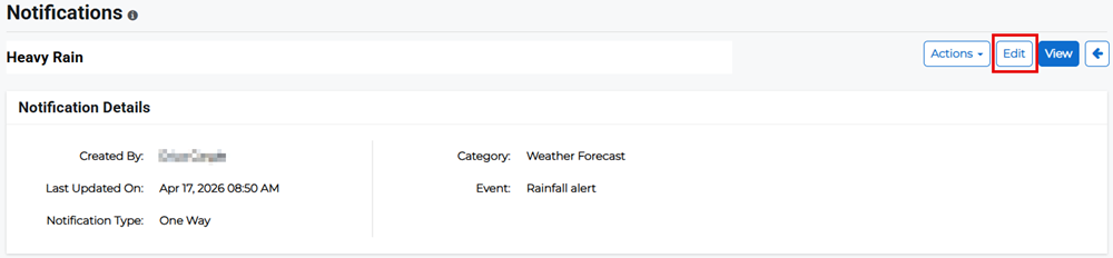 Notification Details page showing edit option for a template.