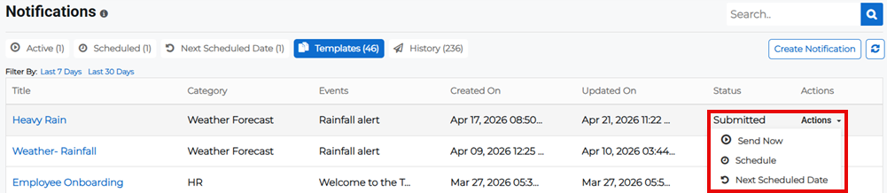 Notifications Templates tab showing Actions menu with Send Now option.