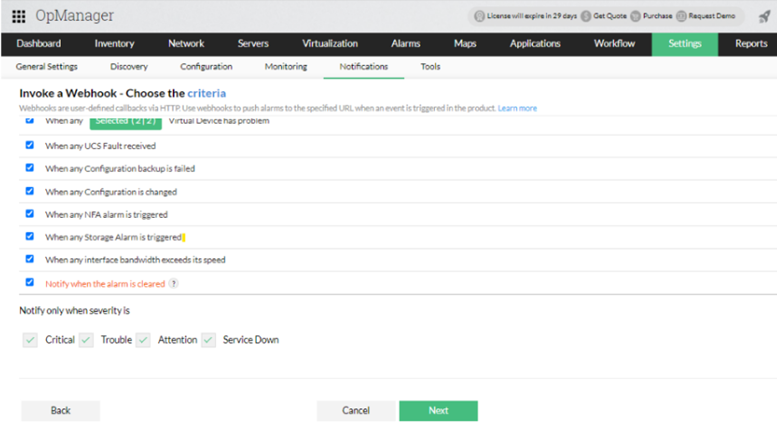 Invoke a Webhook criteria page showing alert trigger options.