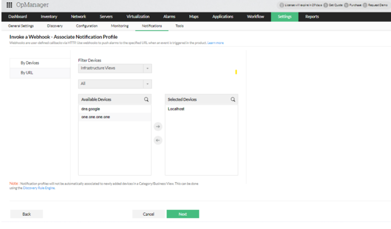 Associate Notification Profile page showing device selection for webhook.