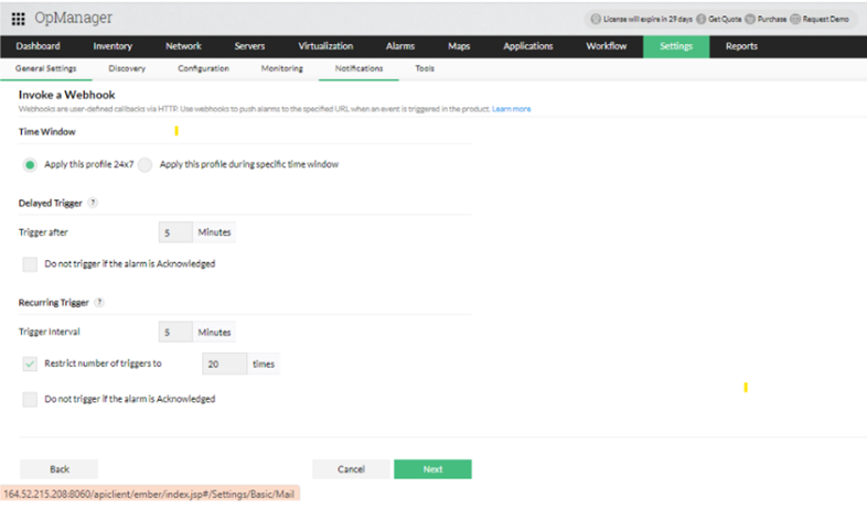 Invoke a Webhook page showing timing and trigger configuration settings.