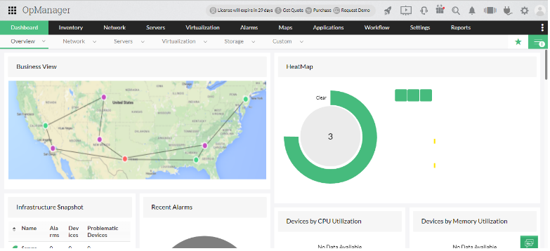 OpManager dashboard showing system overview and monitoring metrics.