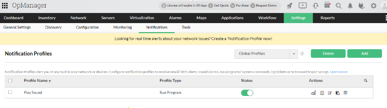 OpManager Notifications Profile page showing add notification option.