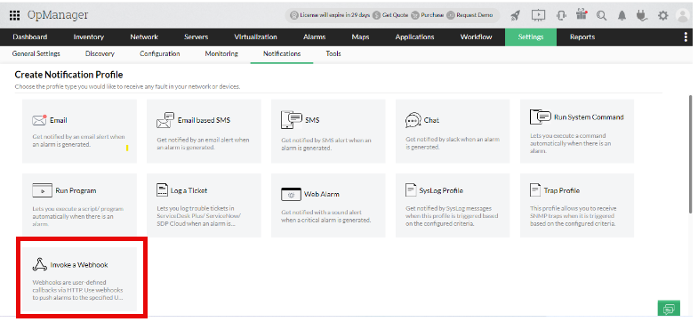Create Notification Profile page showing “Invoke a Webhook” option.