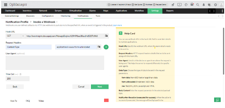 Invoke a Webhook configuration page showing URL and request details fields.