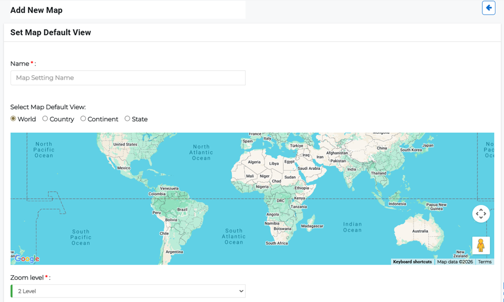 Add Map Setting page showing map view and zoom configuration.