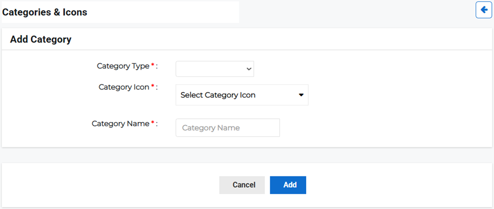 Add Category page showing asset category and icon fields.