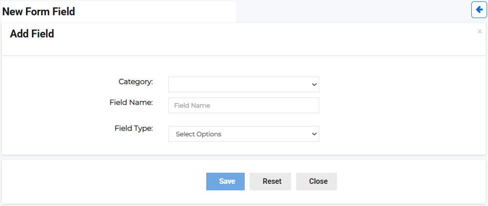 Add Custom Field page showing category, field name, and type inputs.