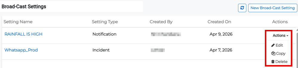 Broadcast Settings page showing Actions menu with edit option.