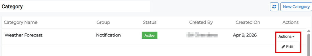 Categories showing Actions menu with edit option.