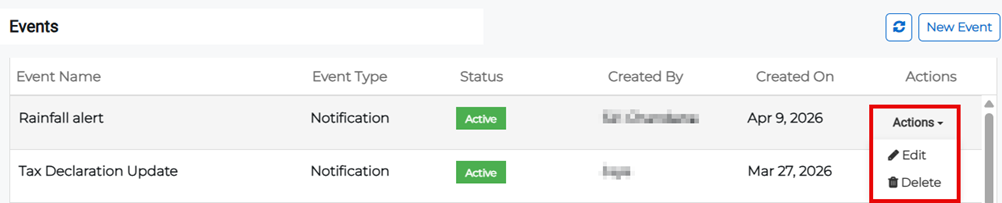 Events showing Actions menu with edit option.