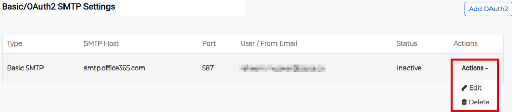 SMTP Settings showing Actions menu with edit option.