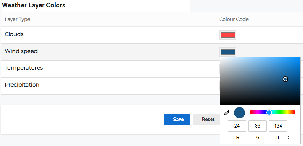 Weather Layer Colors page showing color picker for layer customization.