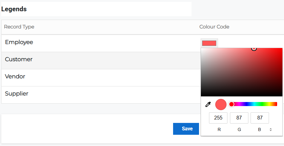 Legends page showing color picker with RGB input for record types.