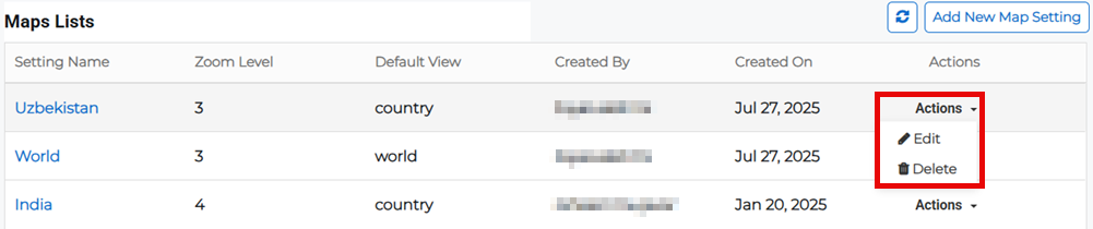 Map Lists page showing Actions menu with edit and delete options.
