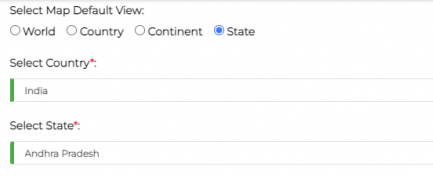 Map Settings showing state view with country and state selection.