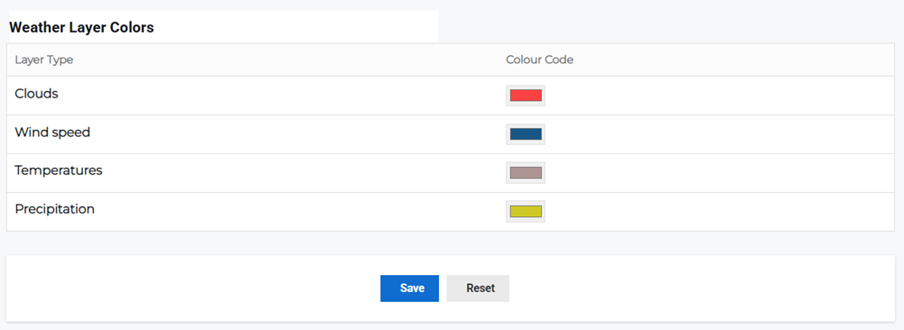 Weather Layer Colors page showing color configuration for layers.