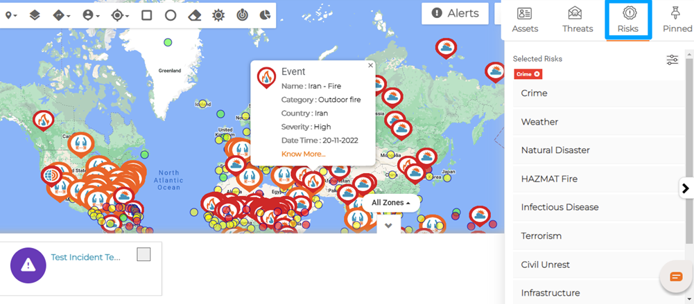 Risks tab showing risk events on the map.