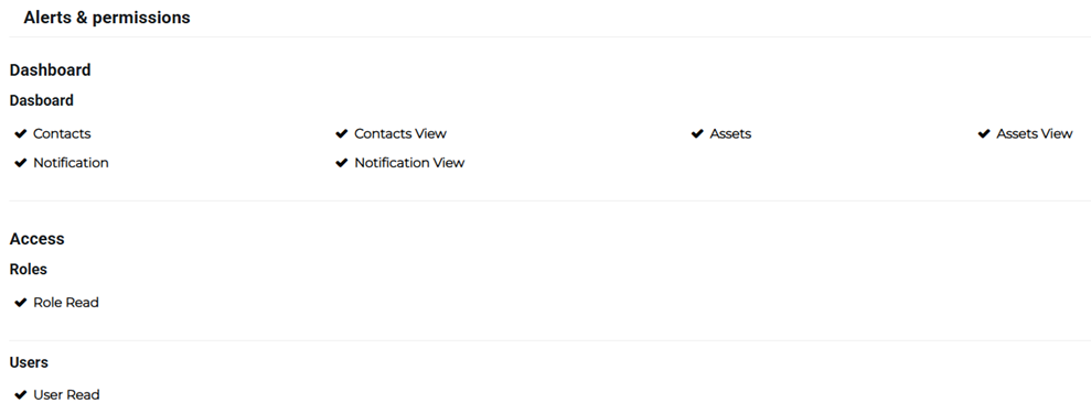 Alerts & permissions section showing assigned permissions for the role.