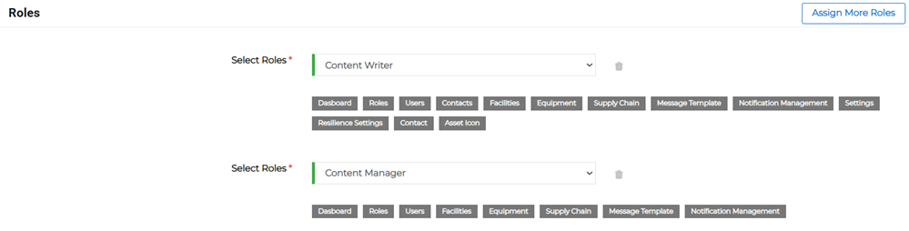 Assign Roles section showing multiple roles assigned to a user.