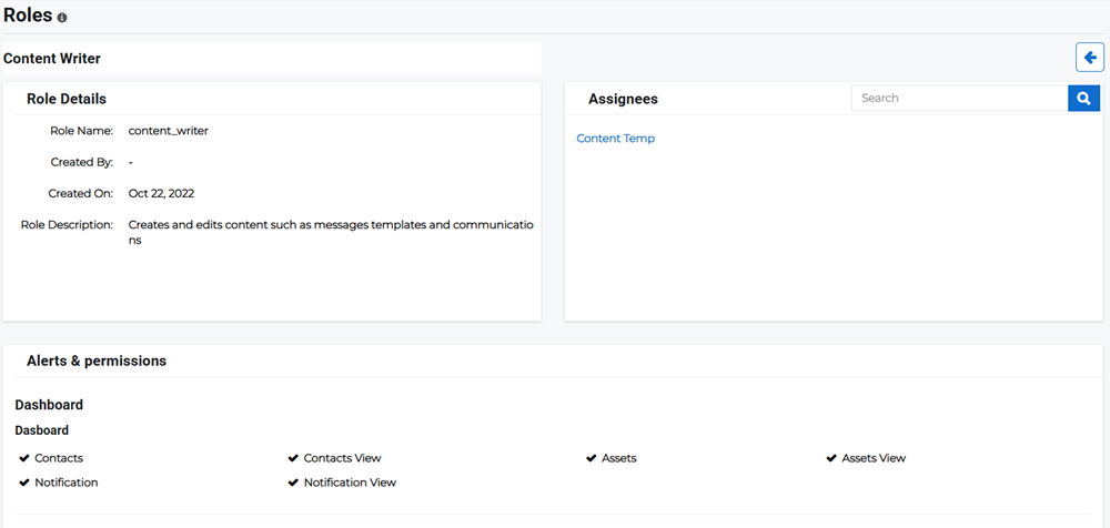 Role Details page showing role information, assignees, and permissions.