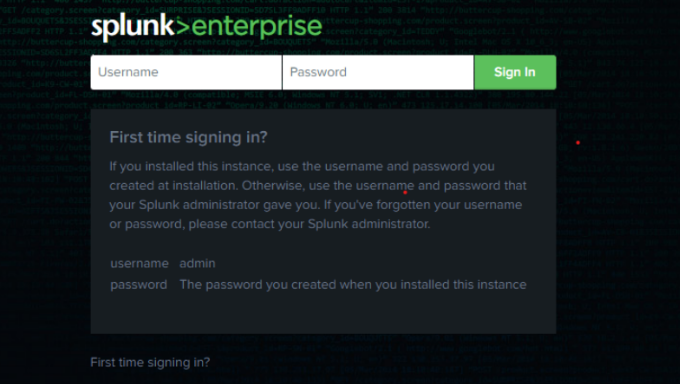 Splunk Enterprise login page showing username and password fields.
