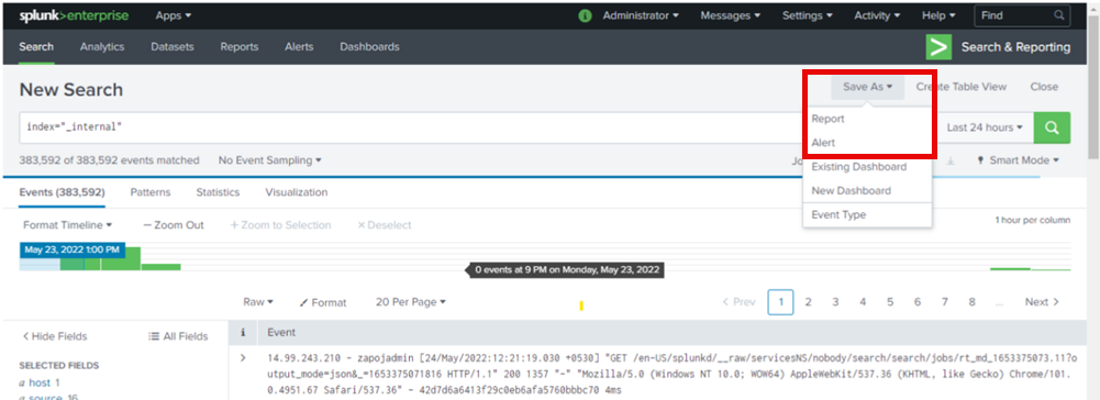 Splunk Search & Reporting page showing Save As menu with Alert option.