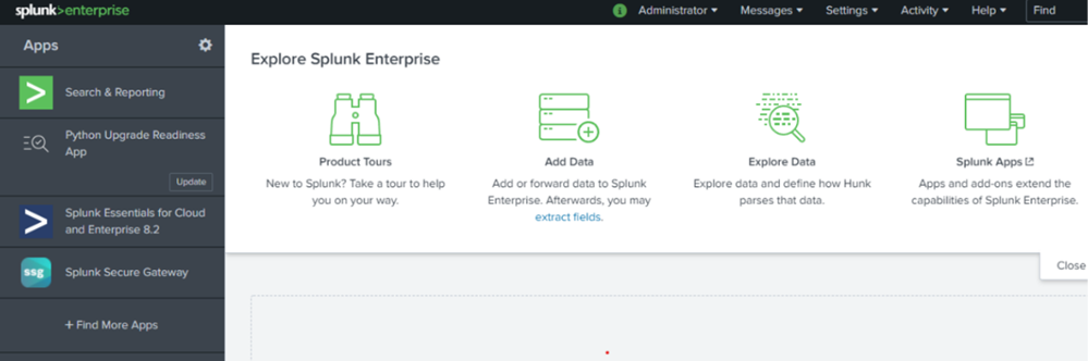 Splunk Enterprise dashboard showing apps and data exploration options.
