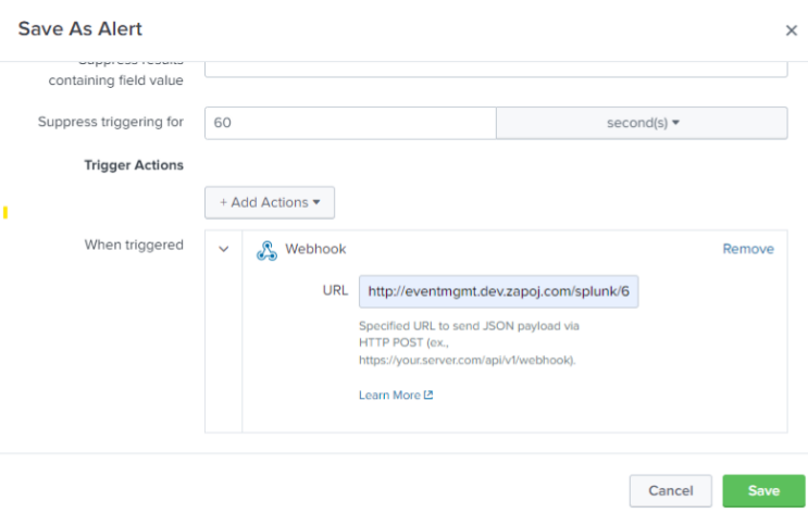 Save As Alert dialog showing webhook URL configuration.