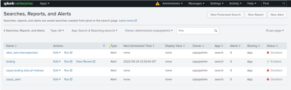 Searches, Reports, and Alerts page showing created alerts list.