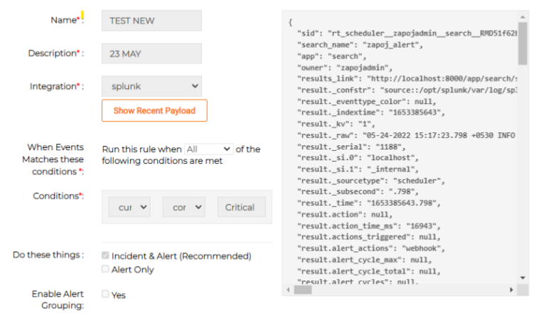 Create Rule Set page showing integration selection and payload configuration for Splunk.