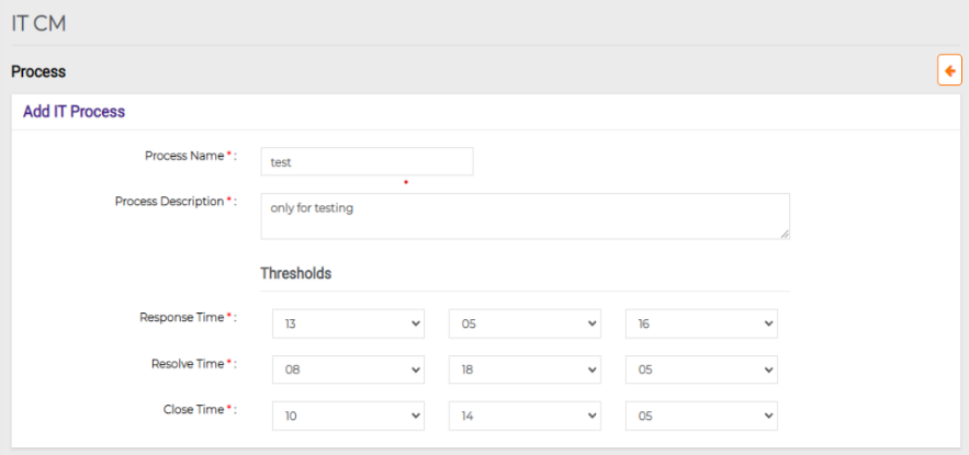 Add IT Process page showing process details and thresholds configuration.