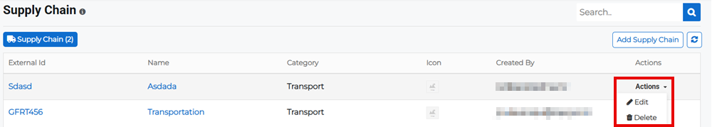 Supply Chain page showing Actions menu with edit option for a supply chain.