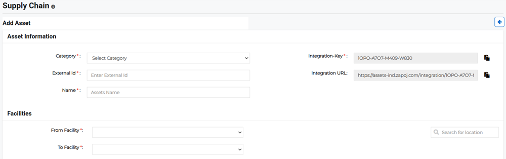 Add Supply Chain page showing asset information and facility fields.