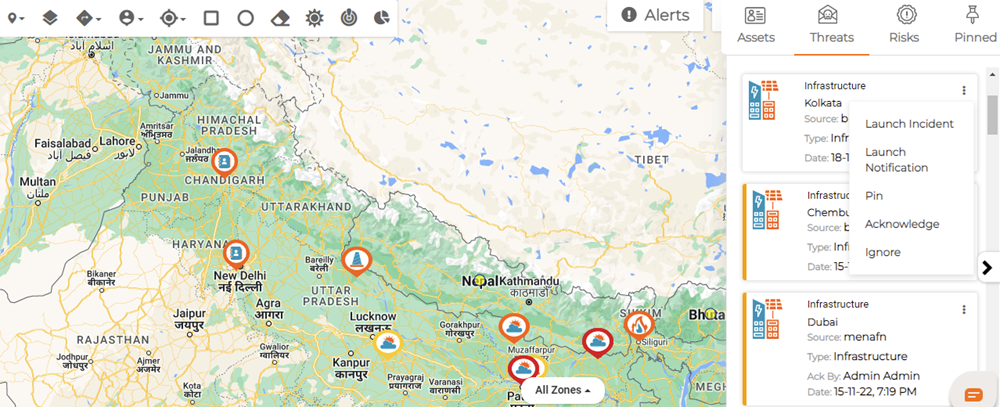 Threats tab in the map filter panel showing nearby threats.