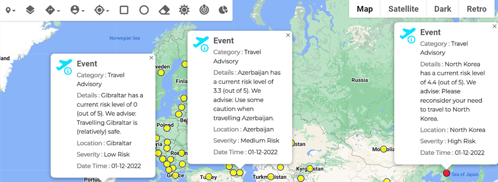 Travel Advisory events on the map showing risk levels with colored markers.