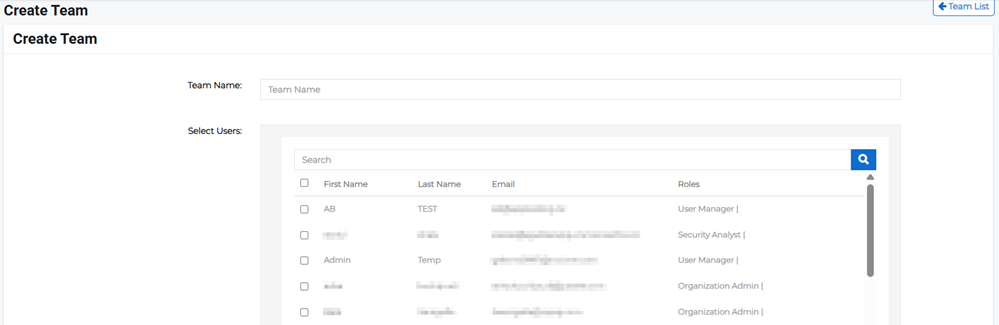 Create Team page showing team name and user selection fields.